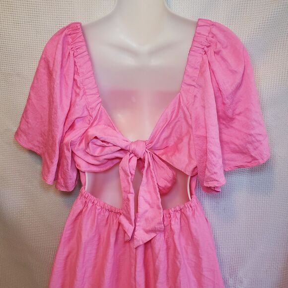 Womens Sz S Mini Prairie Dress Open Bow Back Balloon Hem Pink Summer Boho Party - Picture 4 of 9